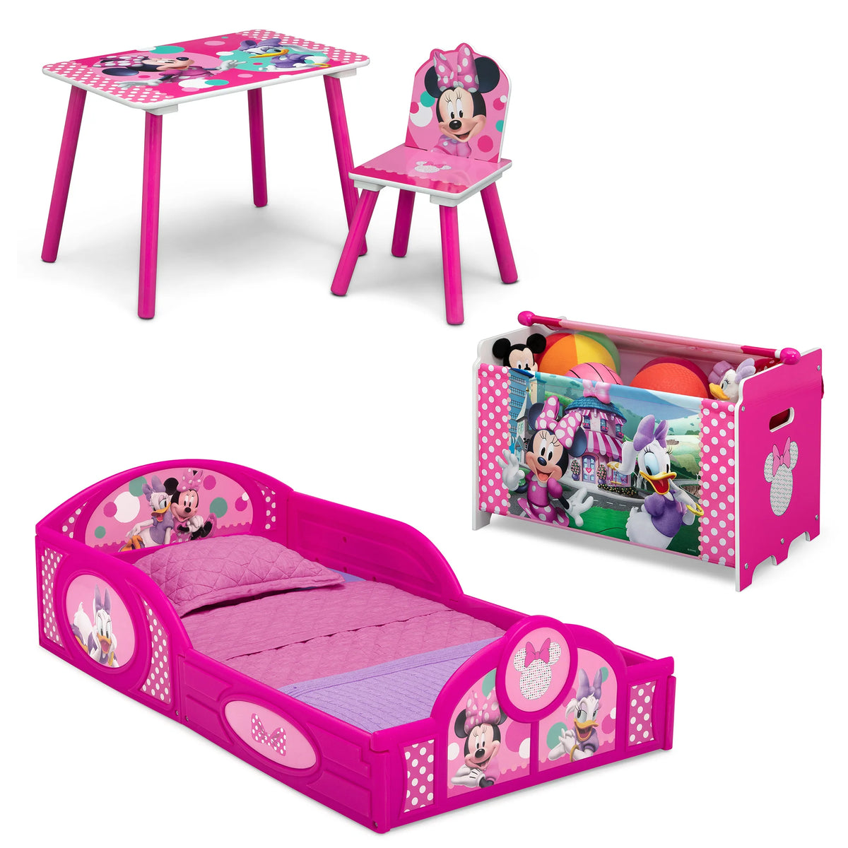 Minnie Mouse 4-Piece Toddler Room-in-a-Box Set – Includes Sleep and Play Toddler Bed, Table, 1 Chair and Toy Box