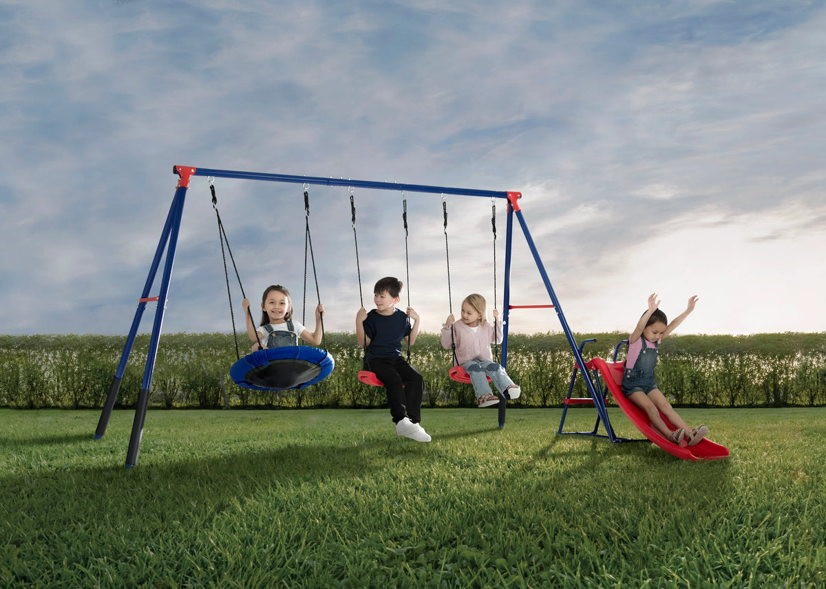 FunZone Outdoor Metal 4-Piece Swing Set - Includes 2 Swings, 1 Disc/Saucer Swing and Slide