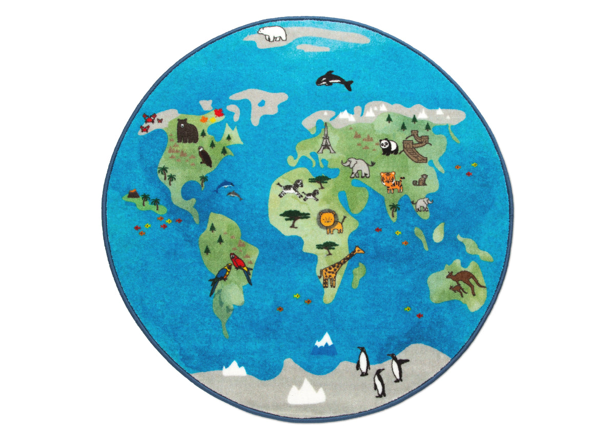 World Map Round Area Rug for Kids, 39-Inch