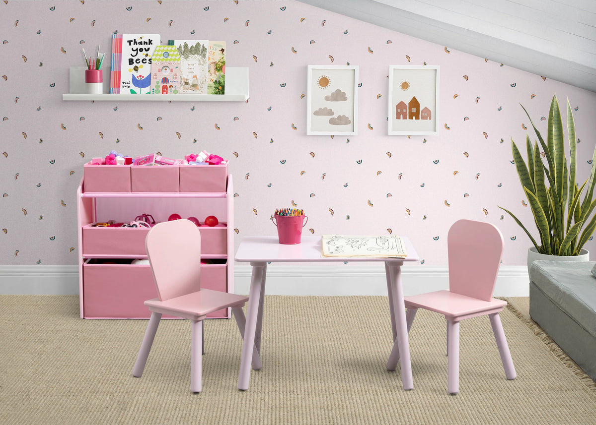 4-Piece Toddler Playroom Set – Includes Play Table with Dry Erase Tabletop and 6 Bin Toy Organizer with Reusable Vinyl Cling Stickers